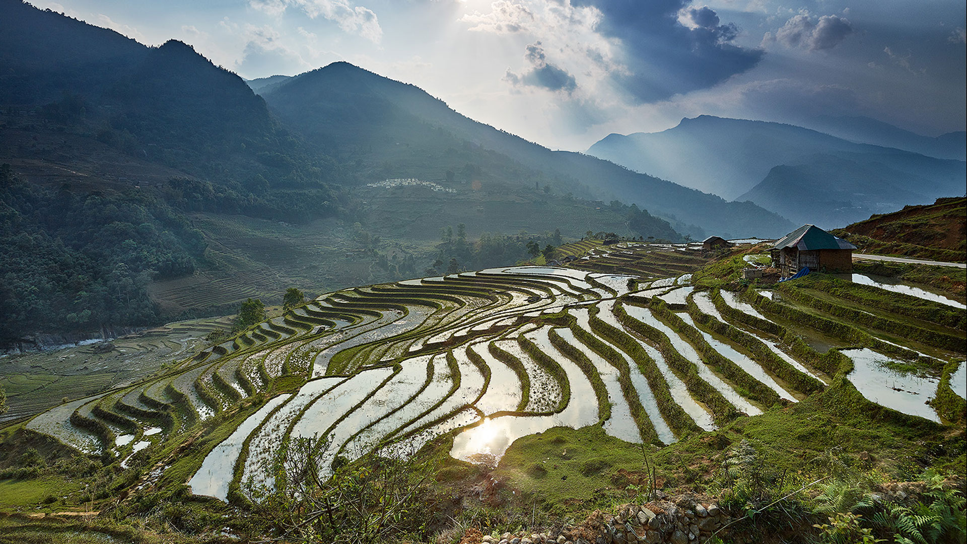 Mirror-like rice terraces in Northern Vietnam during pouring water season with farmers planting rice.